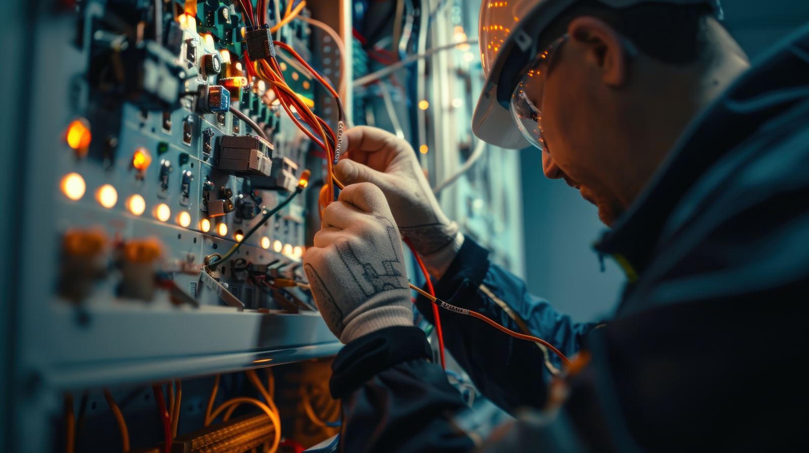 Technician adjusting wiring in an illuminated control panel