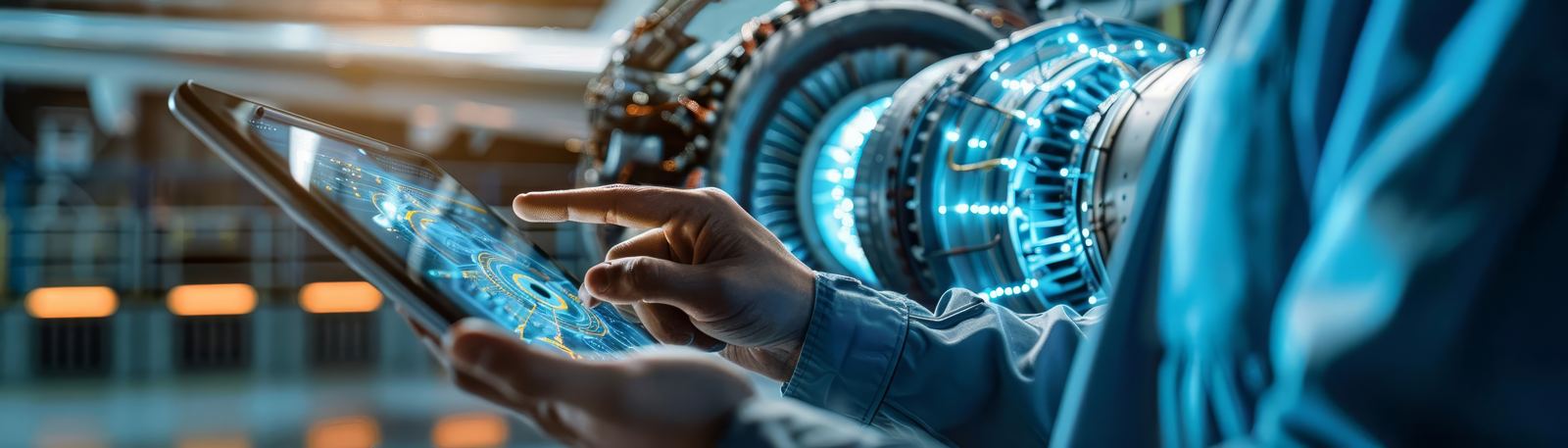 Hands holding a tablet with turbine data in front of a turbine