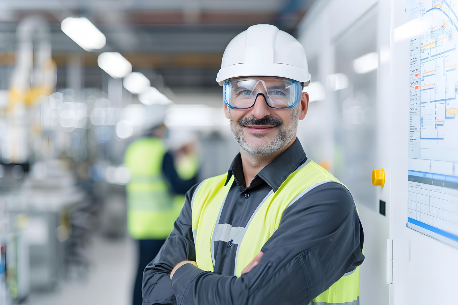 Engineer in a hard hat and safety glasses inside a plant control room