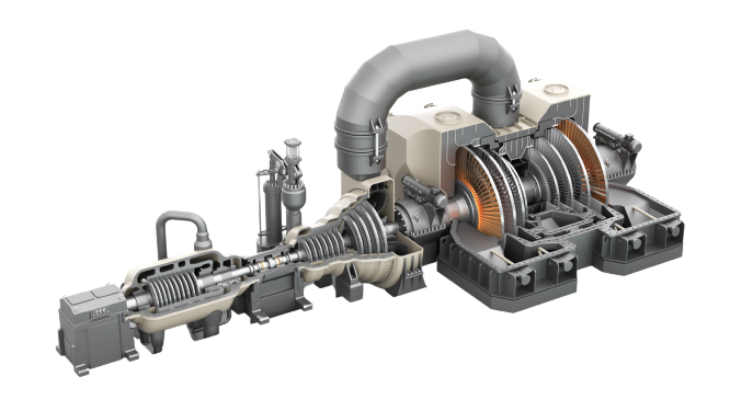Cutaway illustration of a gas turbine with its compressor and turbine stages exposed