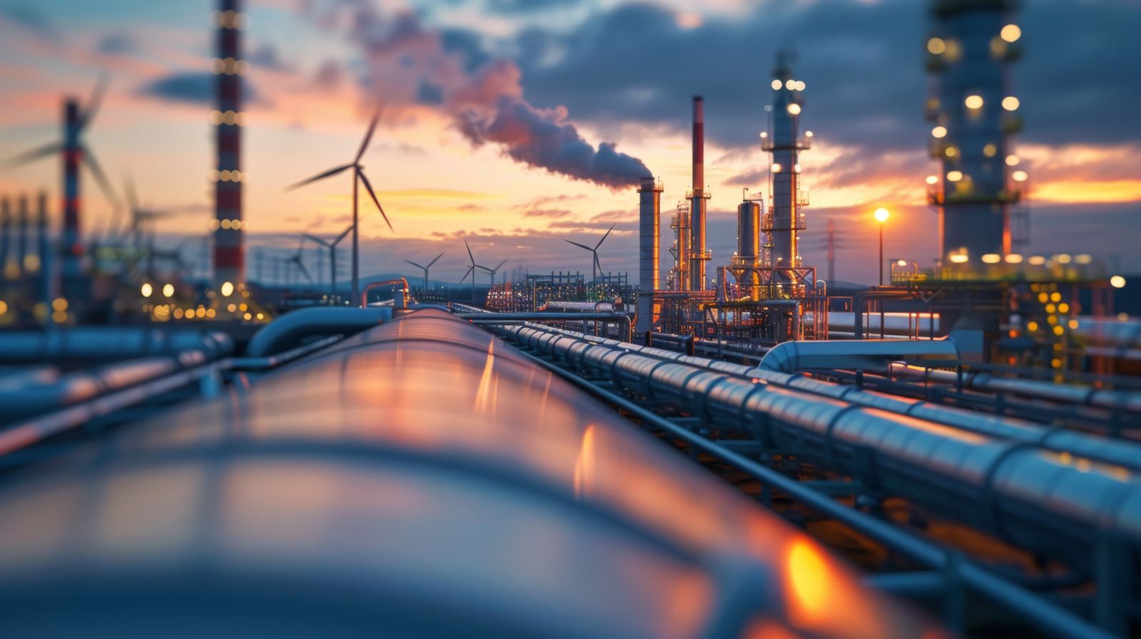 Power plant with pipelines and wind turbines at dusk
