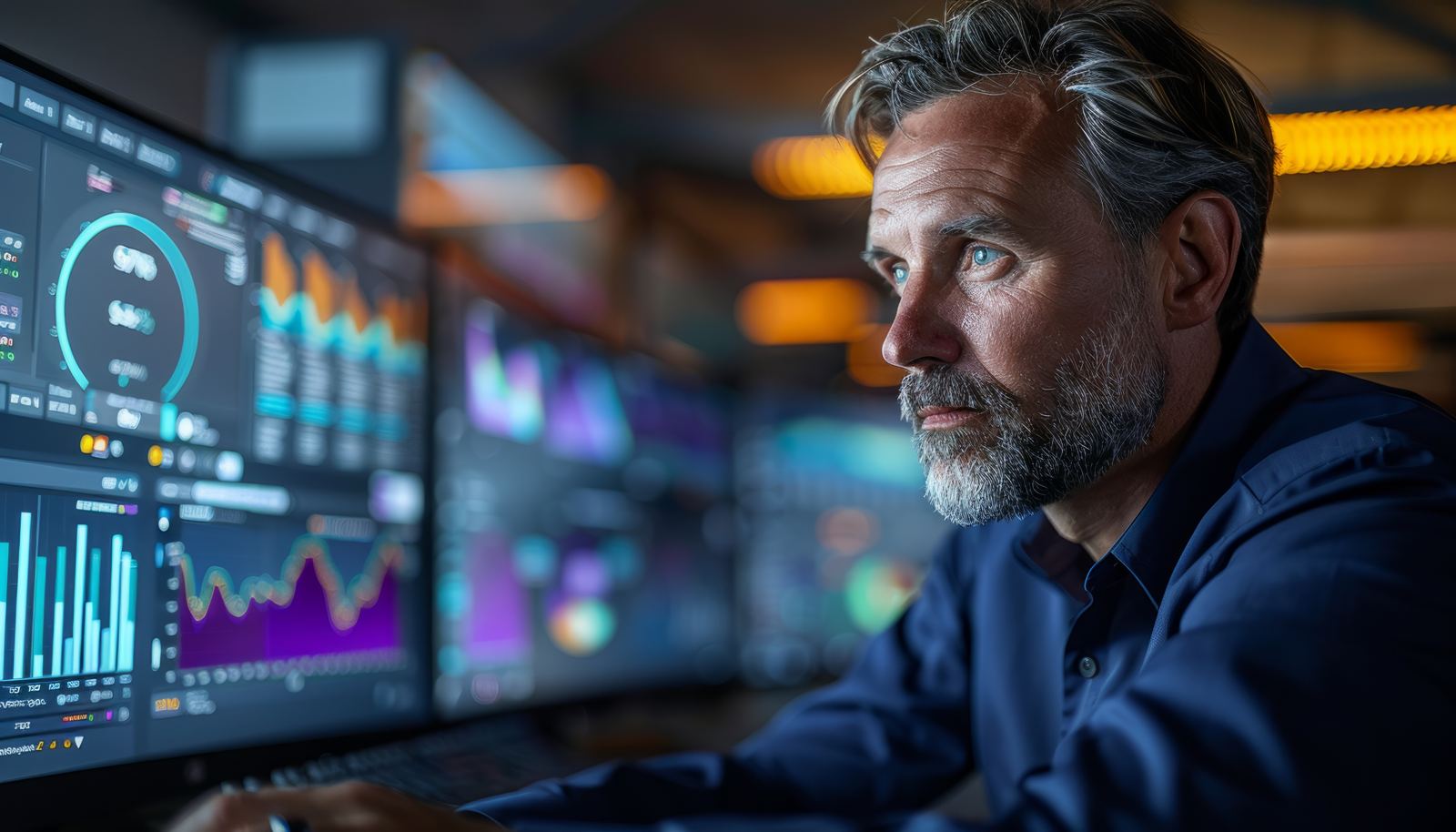 Engineer reviewing plant data on several monitors