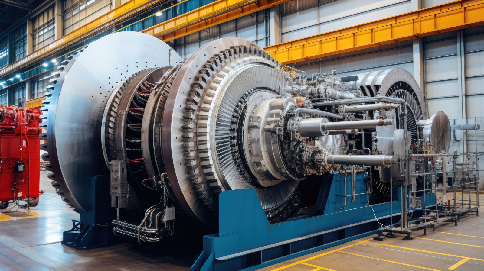 Large turbine rotor on its stand inside a maintenance hall