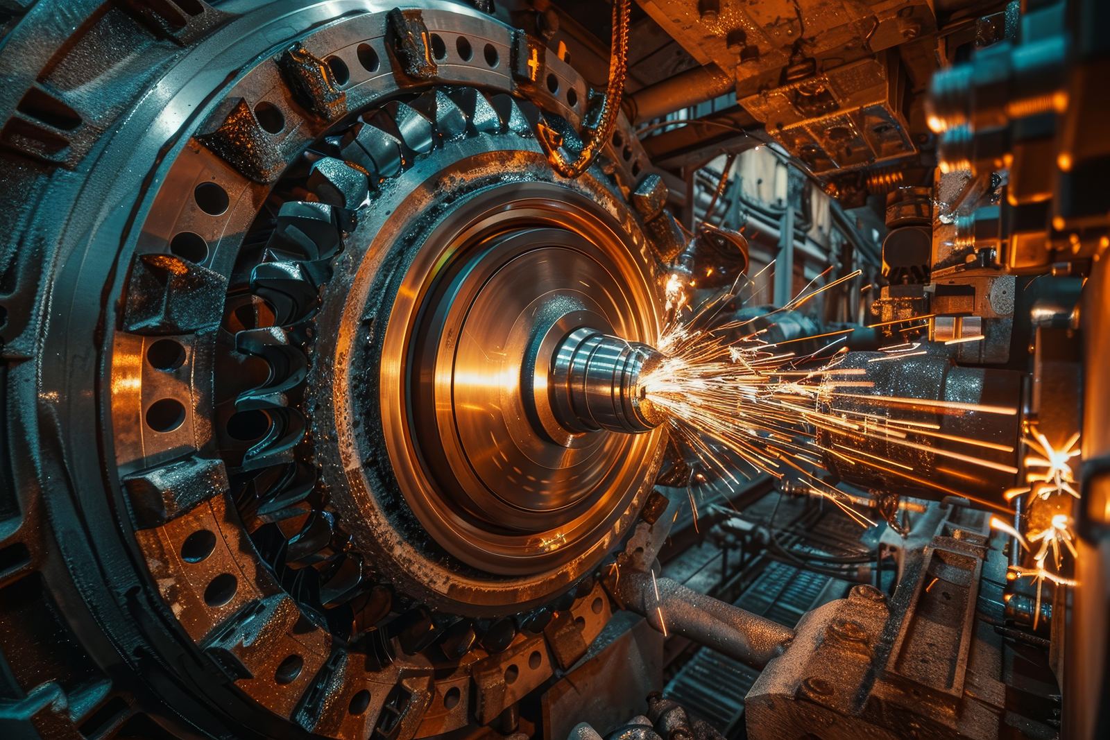 Sparks flying from a turbine rotor during machining